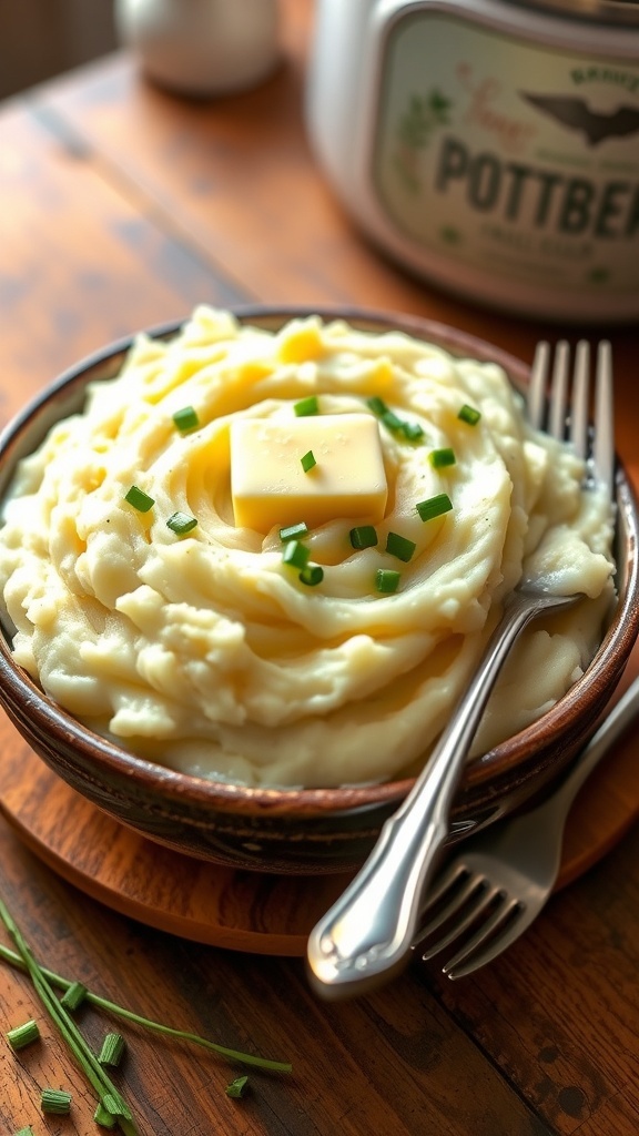 Creamy mashed potatoes with butter and chives in a rustic bowl on a wooden table.